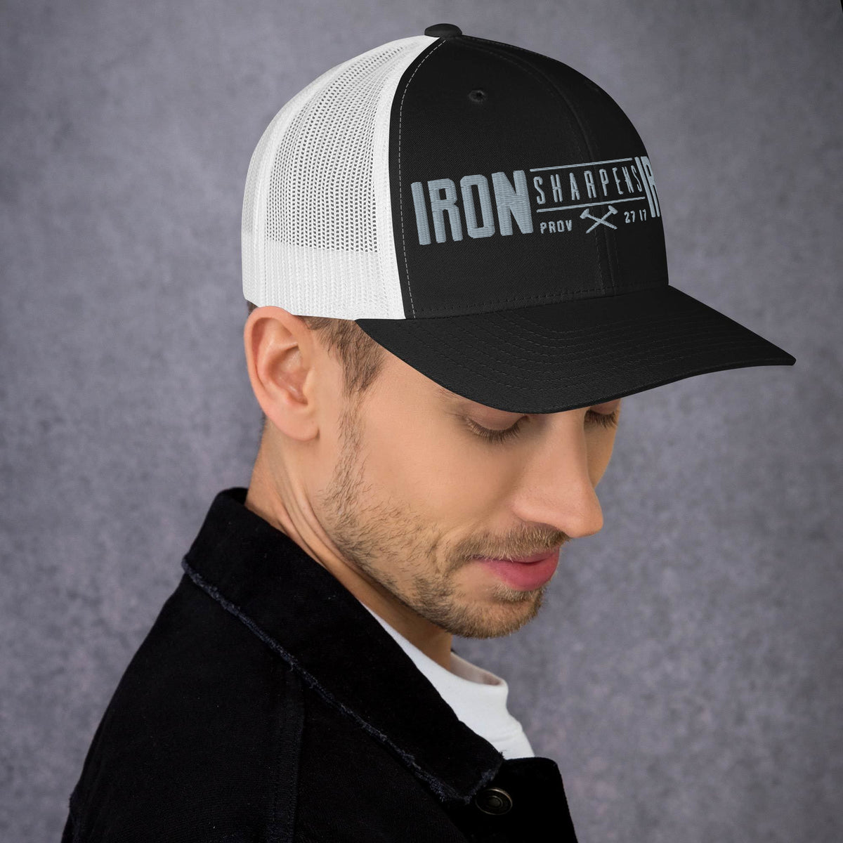 Men's Iron Sharpens Iron Trucker Cap - Black/ White - Right Side View