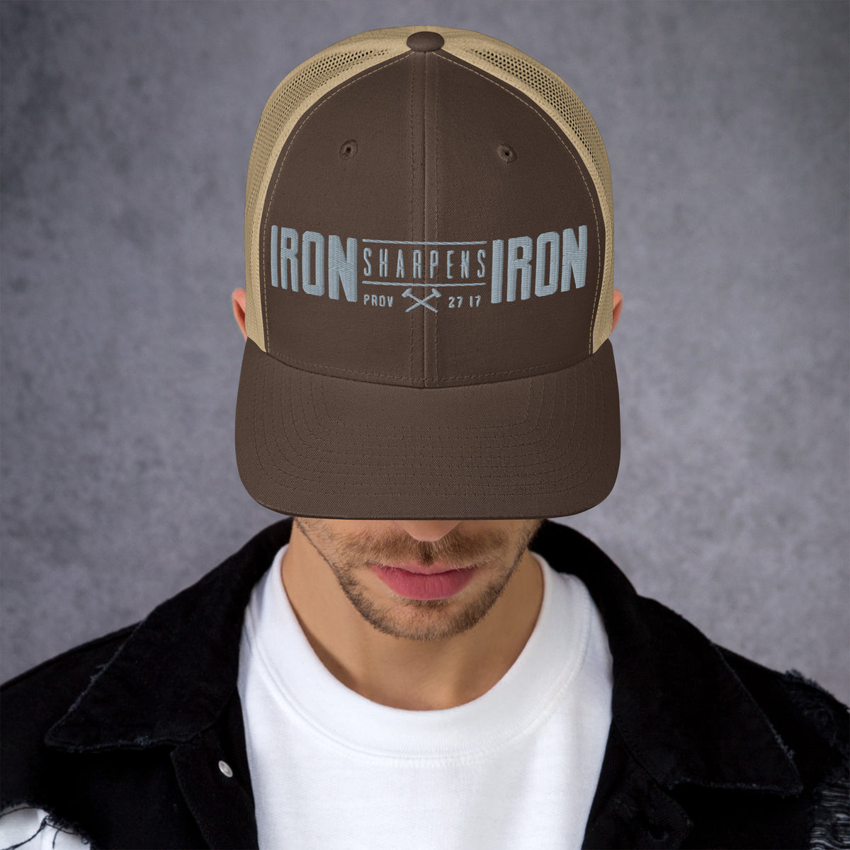 Men's Iron Sharpens Iron Trucker Cap - Brown/ Khaki - Front View