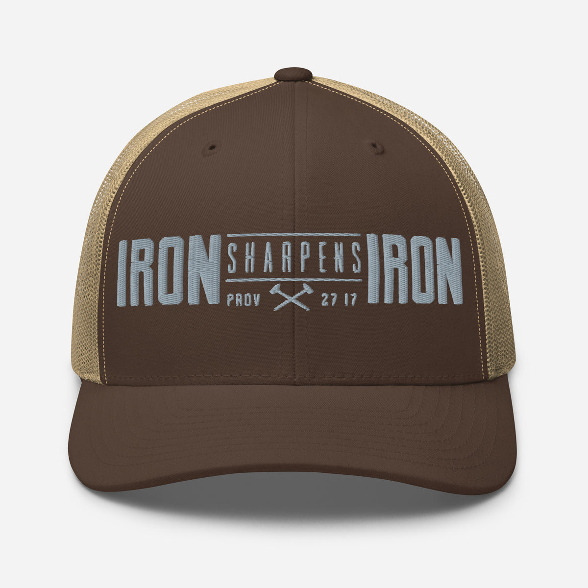 Men's Iron Sharpens Iron Trucker Cap - Brown/ Khaki - Front View 2