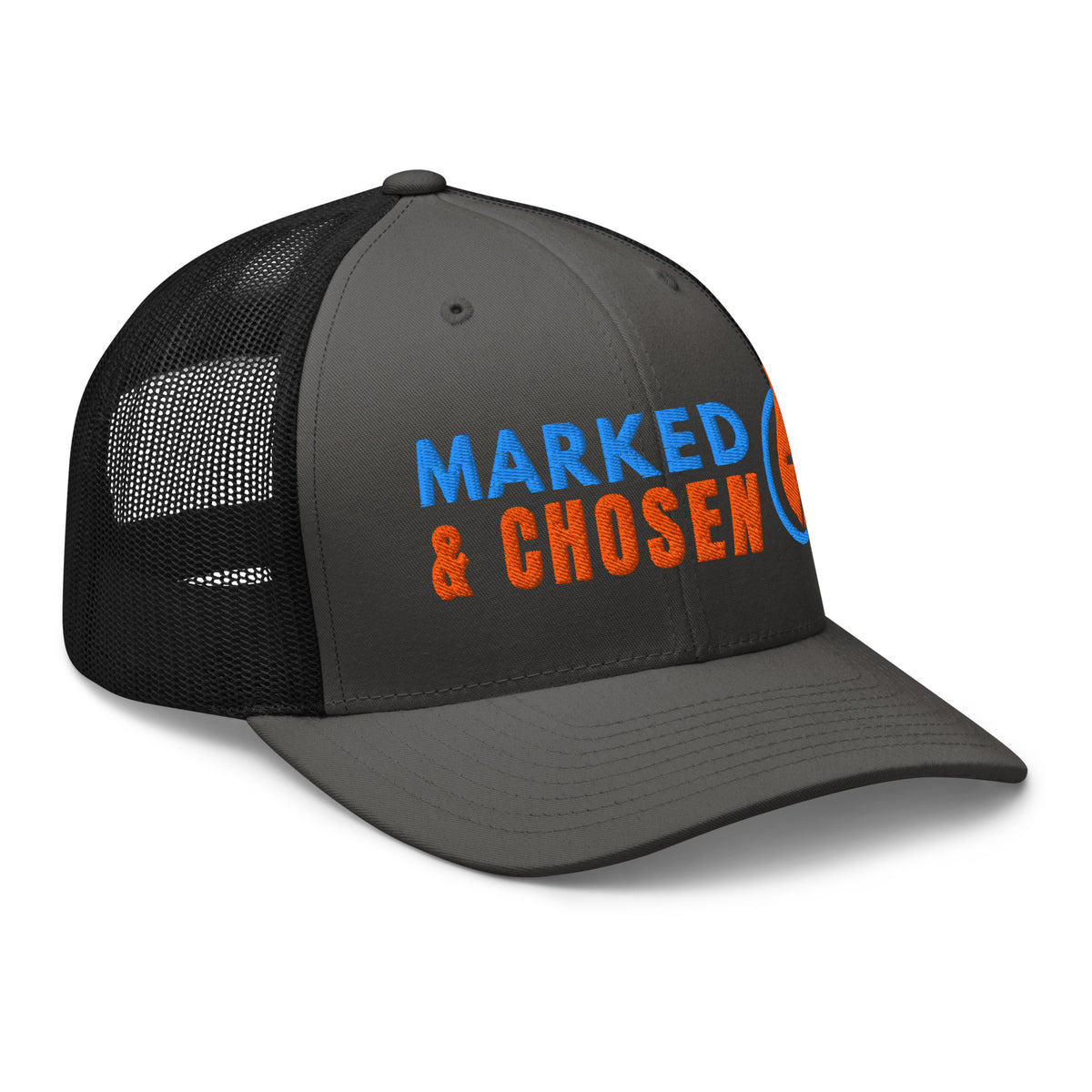 6606T Retro Trucker Charcoal Grey/Black Marked & Chosen Logo right front facing