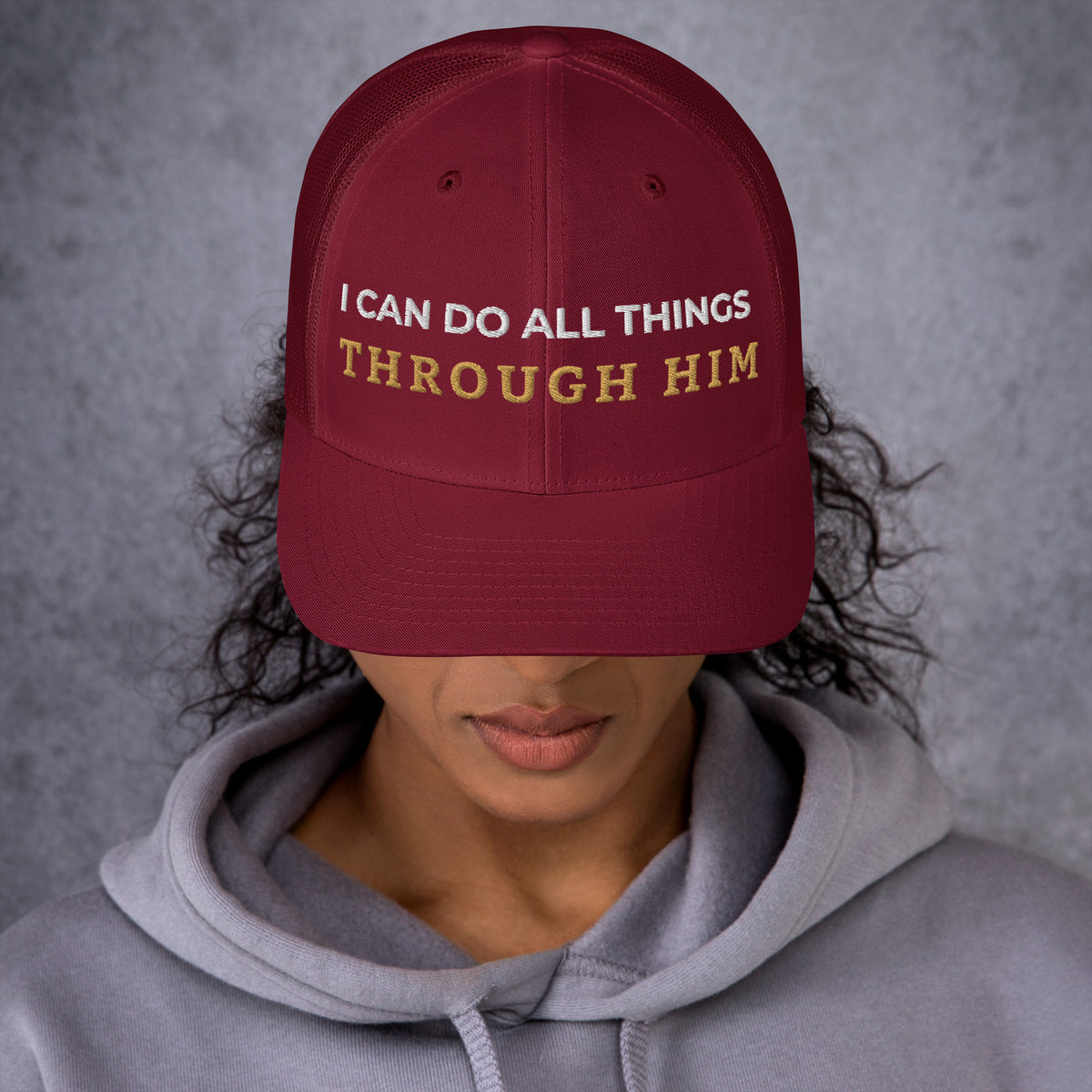 Through Him Trucker Cap - Cranberry - Front View