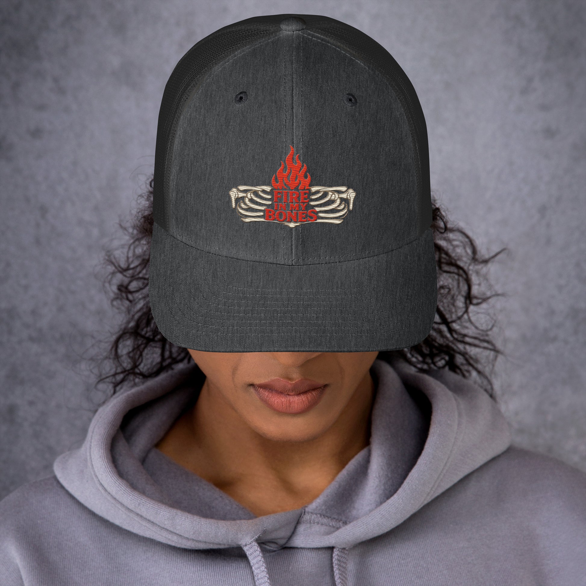 Fire in My Bones Trucker Cap - Dark Heather Gray - Front View