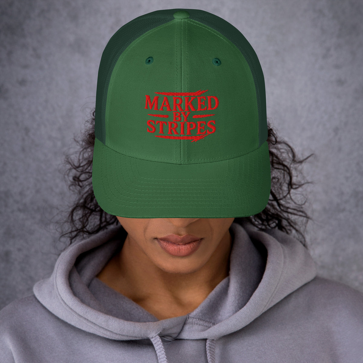 Marked by Stripes Trucker Cap - Evergreen - Front View