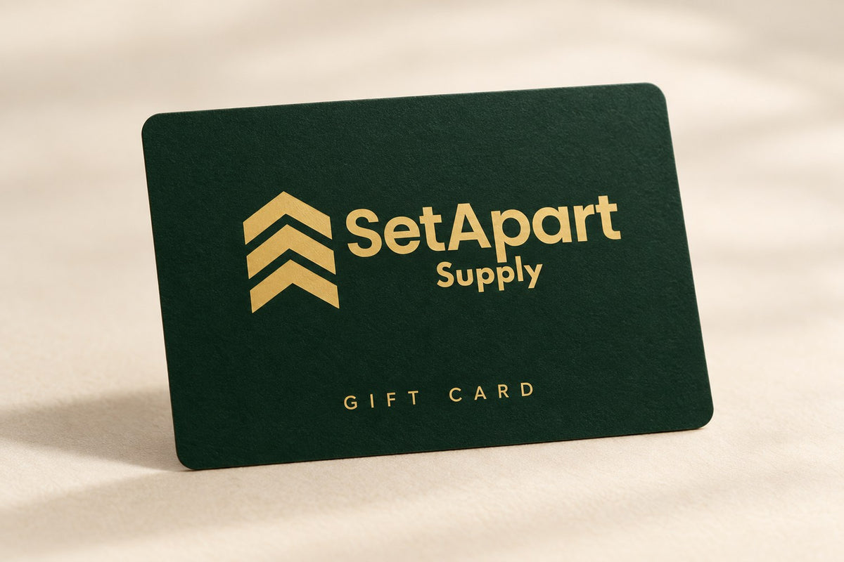 SetApart Supply gift card in forest green with gold logo