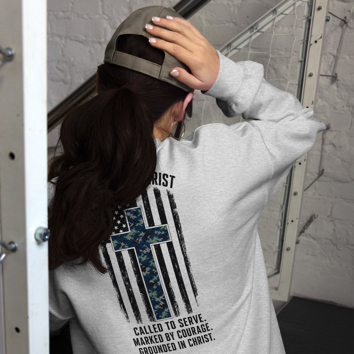 Heroes in Christ Navy Camo Sweatshirt - Ash - Back View