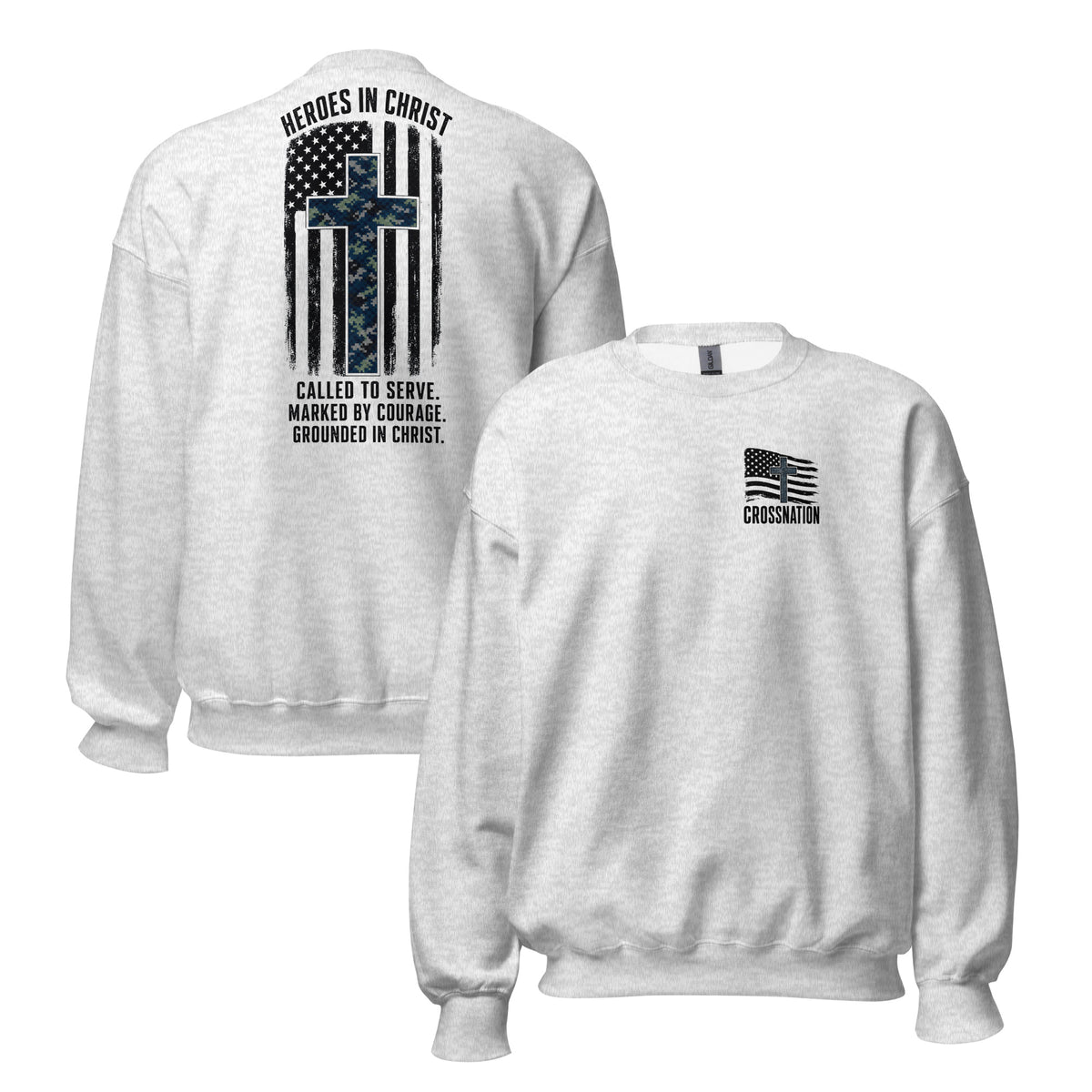 Heroes in Christ Navy Camo Sweatshirt - Ash - Front and Back View