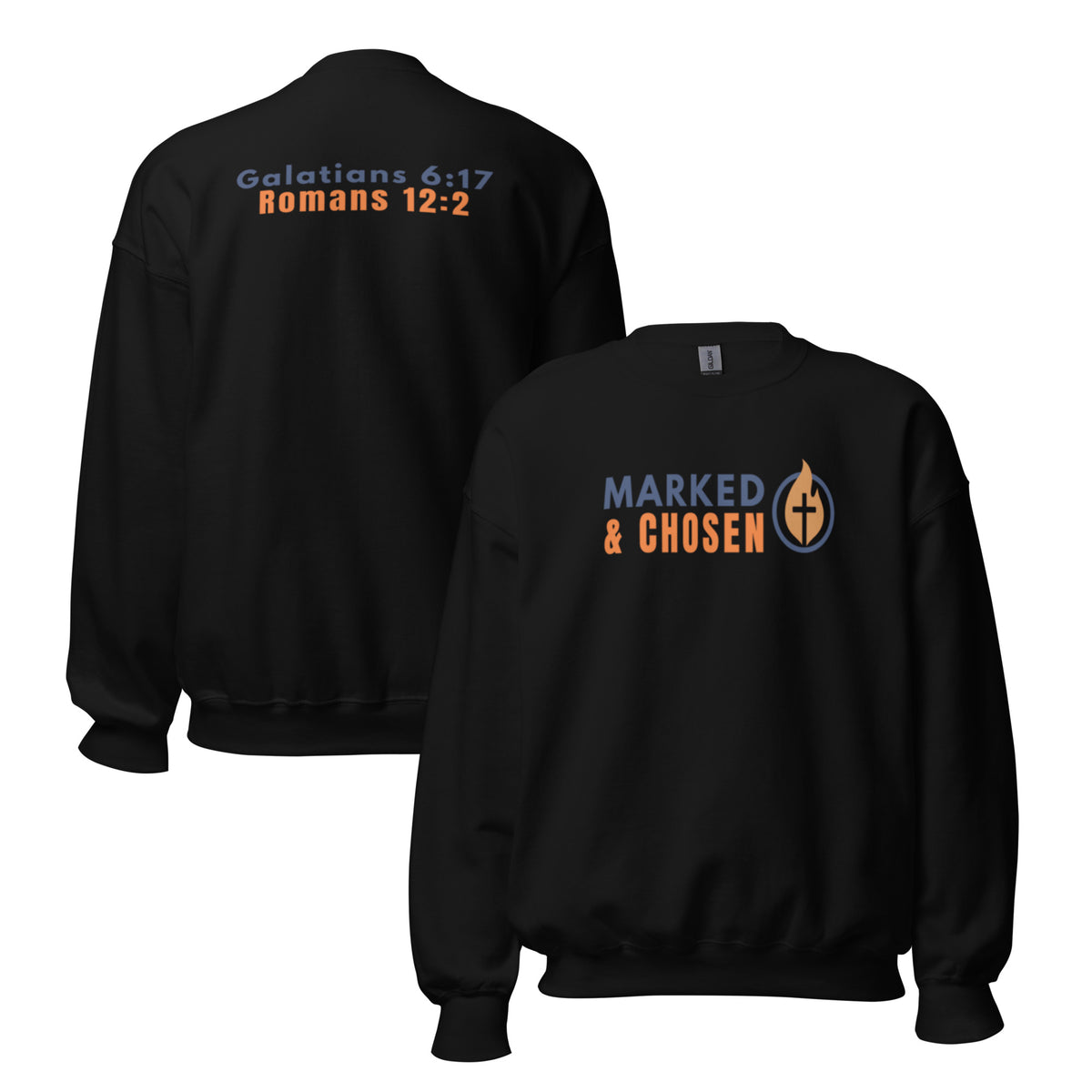 Gildan 18000 heavy blend crewneck sweatshirt, 50/50 blend in Black color, featuring a soft interior and double-needle stitching and printed with the Marked & Chosen Logo on the front. On the back Galatians 6:17 and Romans 12:2.