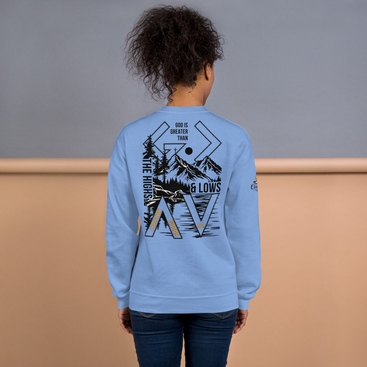 God is Greater Than Sweatshirt - Carolina Blue - Back View