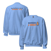 Gildan 18000 heavy blend crewneck sweatshirt, 50/50 blend in Carolina Blue color, featuring a soft interior and double-needle stitching and printed with the Marked & Chosen Logo on the front. On the back Galatians 6:17 and Romans 12:2.