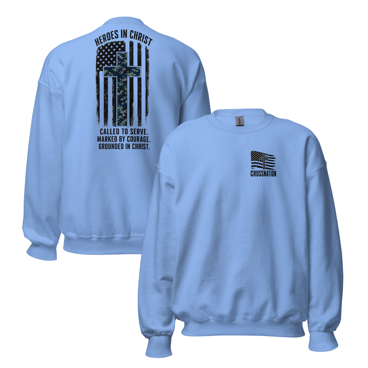 Heroes in Christ Navy Camo Sweatshirt - Carolina Blue - Front and Back View