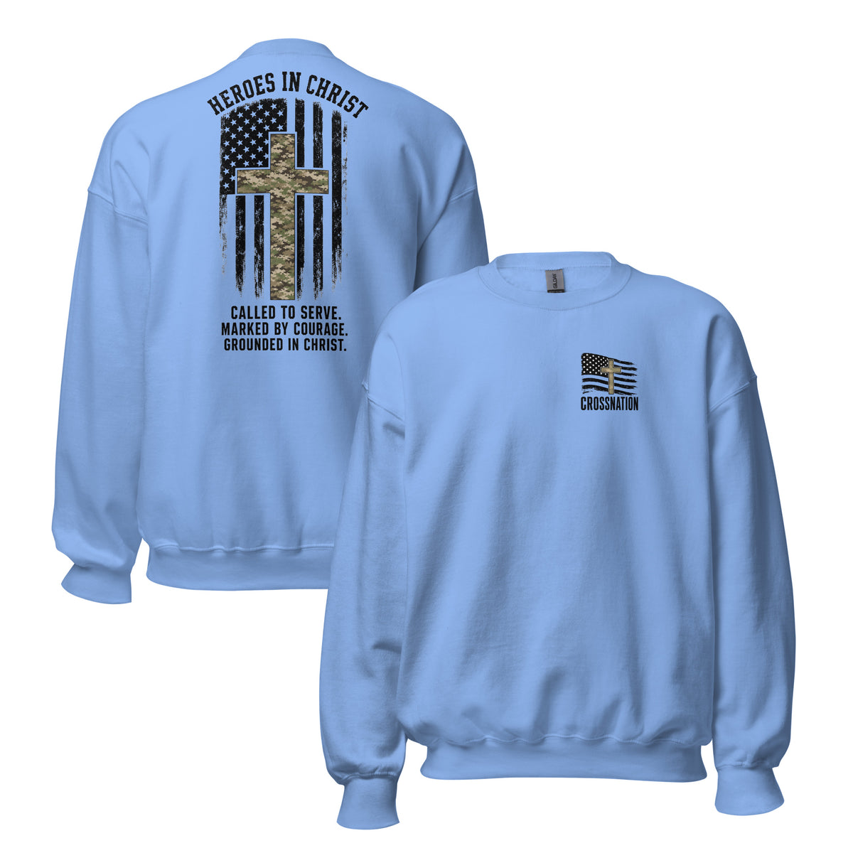 Heroes in Christ Army & Air Force Camo Sweatshirt - Carolina Blue - Front and Back View