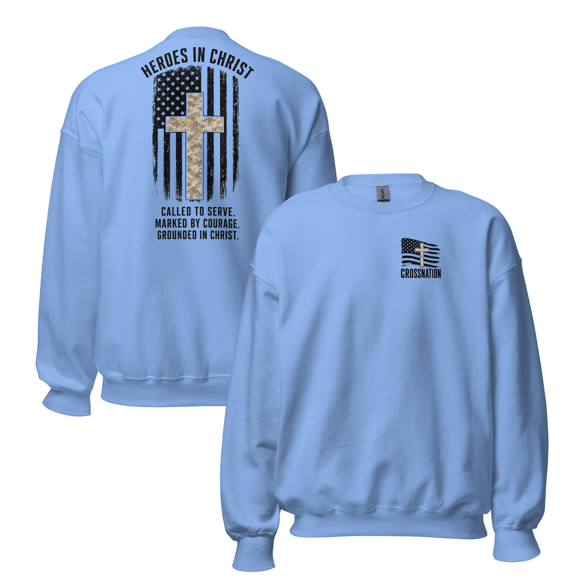 Heroes in Christ Marines Desert Camo Sweatshirt - Carolina Blue - Front and Back View