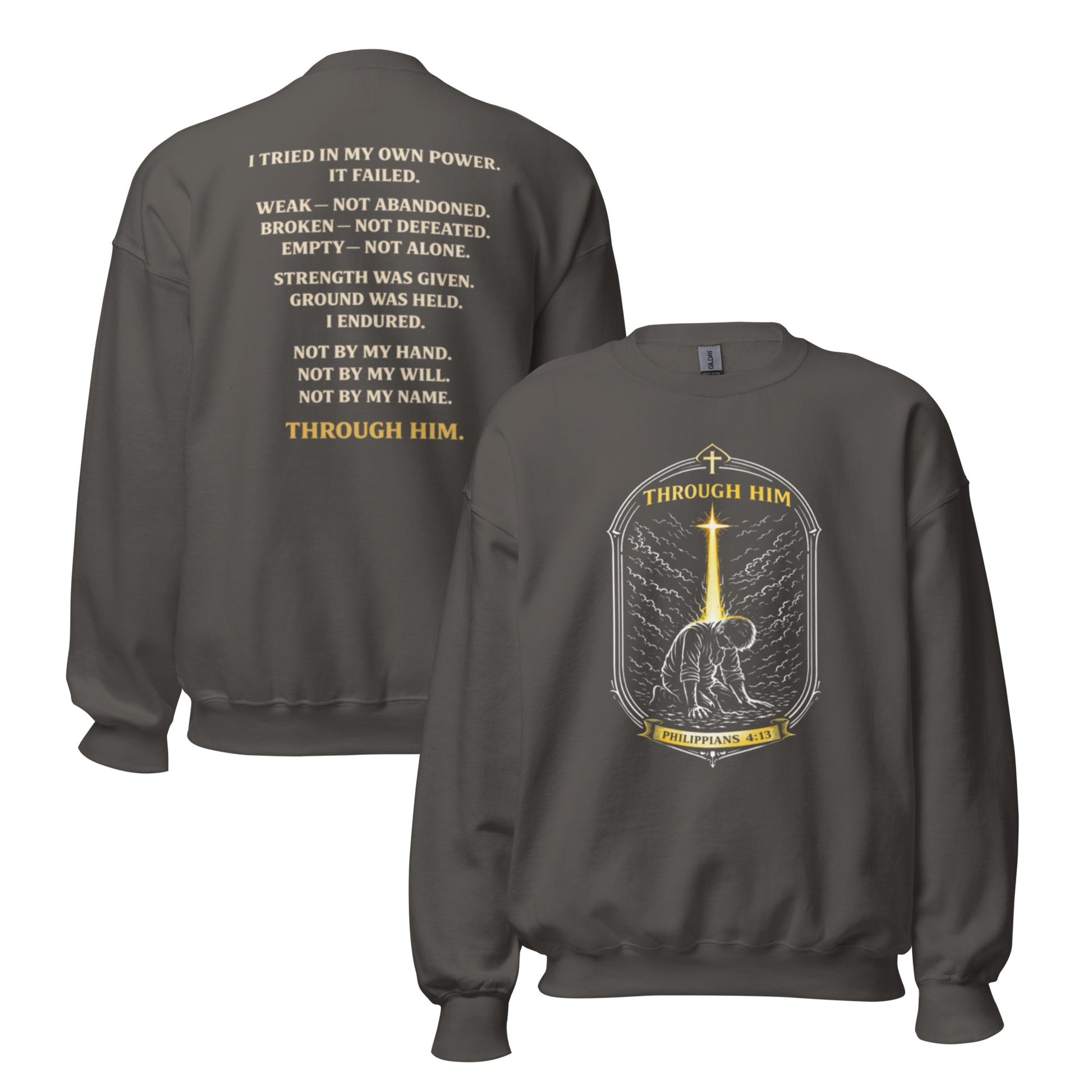 Through Him Men's Sweatshirt - Charcoal - Front and Back View