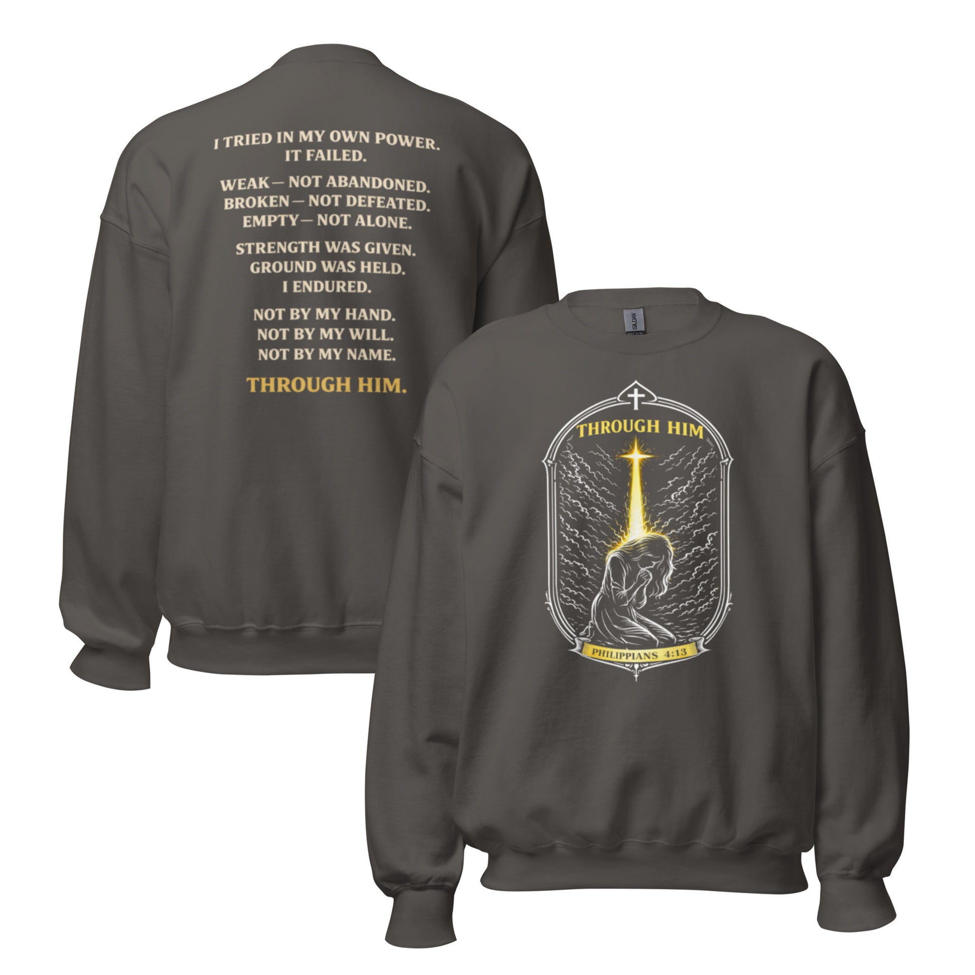 Through Him Women's Sweatshirt - Charcoal - Front and Back View