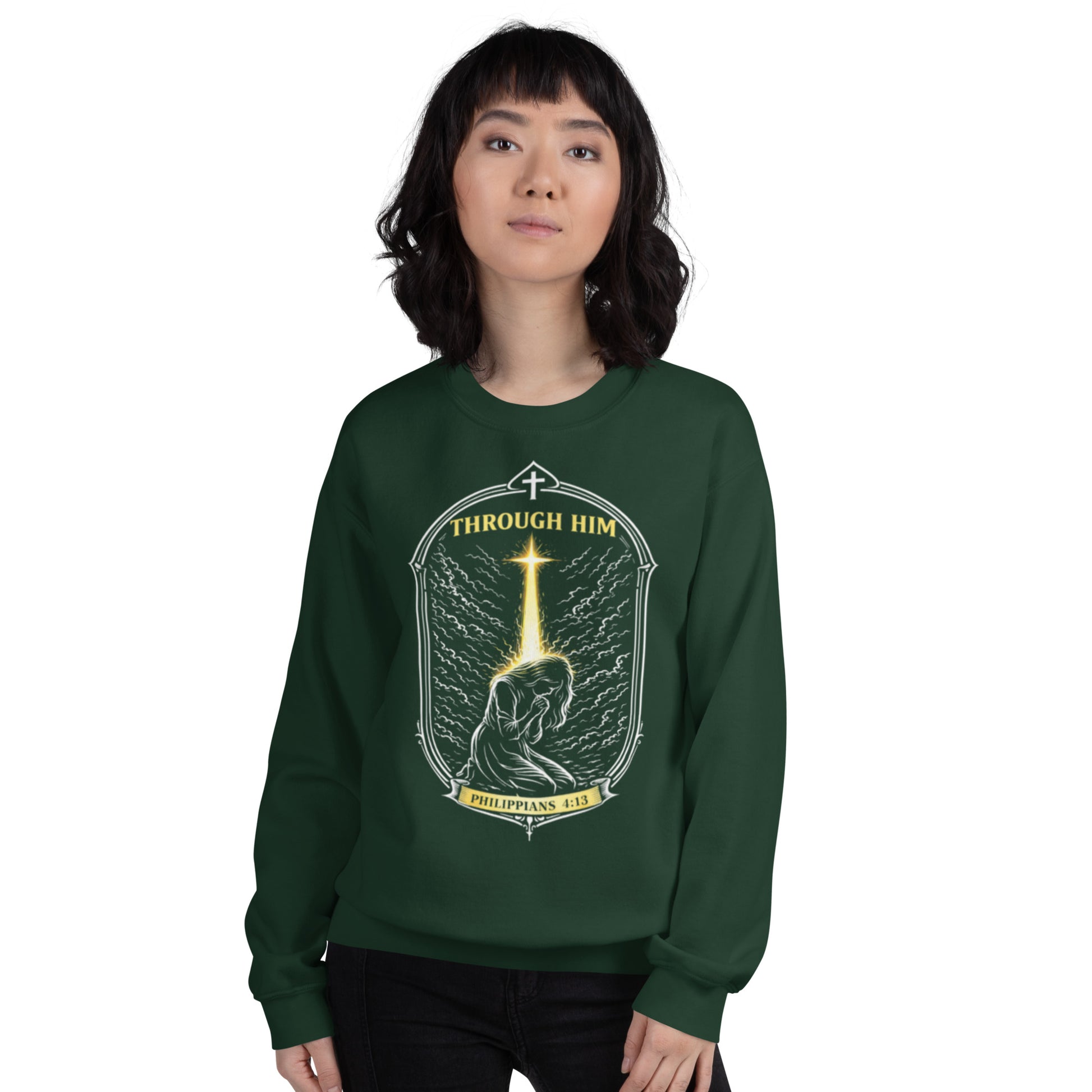 Through Him Women's Sweatshirt - Forest Green - Front View
