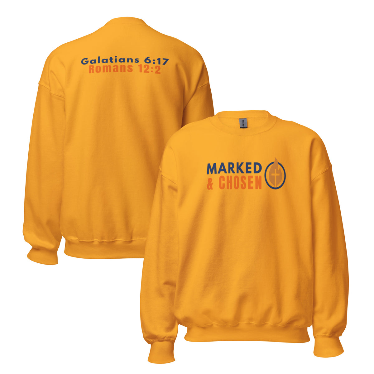 Gildan 18000 heavy blend crewneck sweatshirt, 50/50 blend in Gold color, featuring a soft interior and double-needle stitching and printed with the Marked & Chosen Logo on the front. On the back Galatians 6:17 and Romans 12:2.