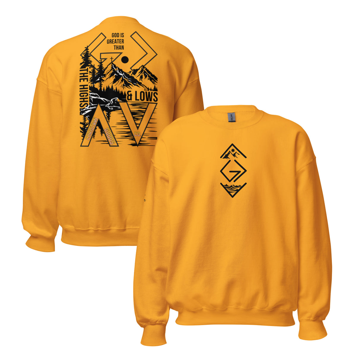 God is Greater Than Sweatshirt - Gold - Front and Back View