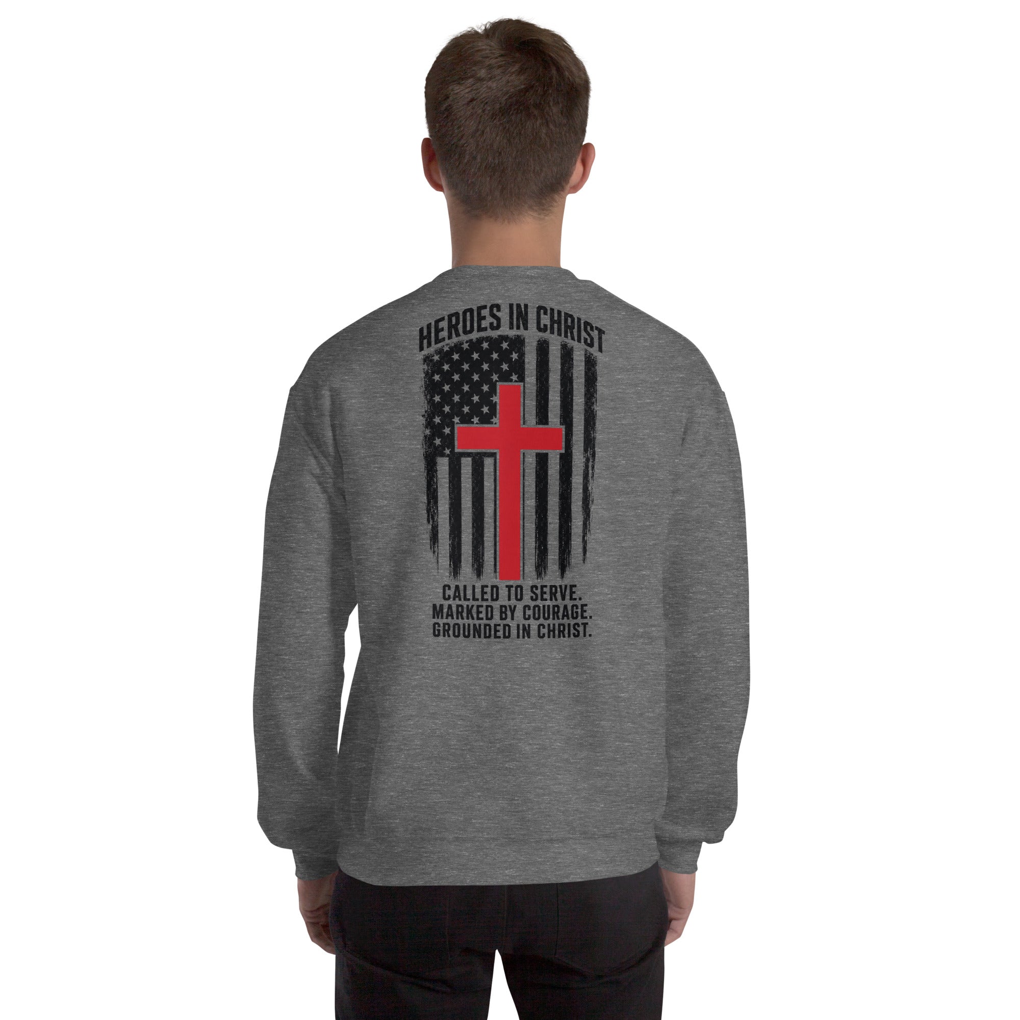 Heroes in Christ Fire & Rescue Sweatshirt - Graphite Heather - Back View