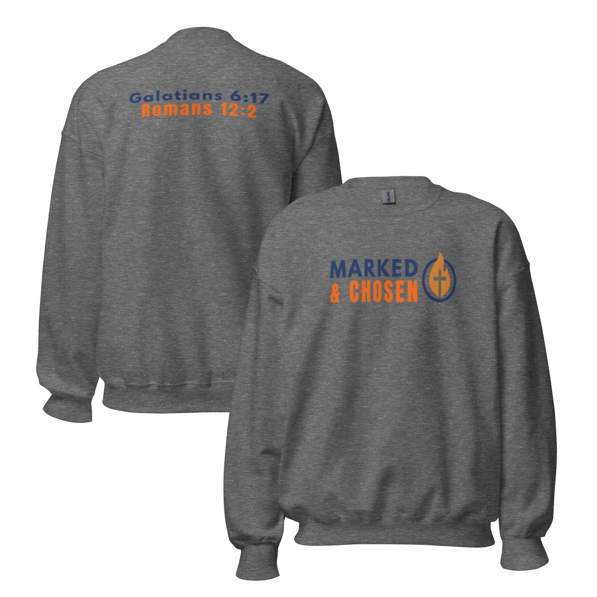 Gildan 18000 heavy blend crewneck sweatshirt, 50/50 blend in Graphite Heather color, featuring a soft interior and double-needle stitching and printed with the Marked & Chosen Logo on the front. On the back Galatians 6:17 and Romans 12:2.