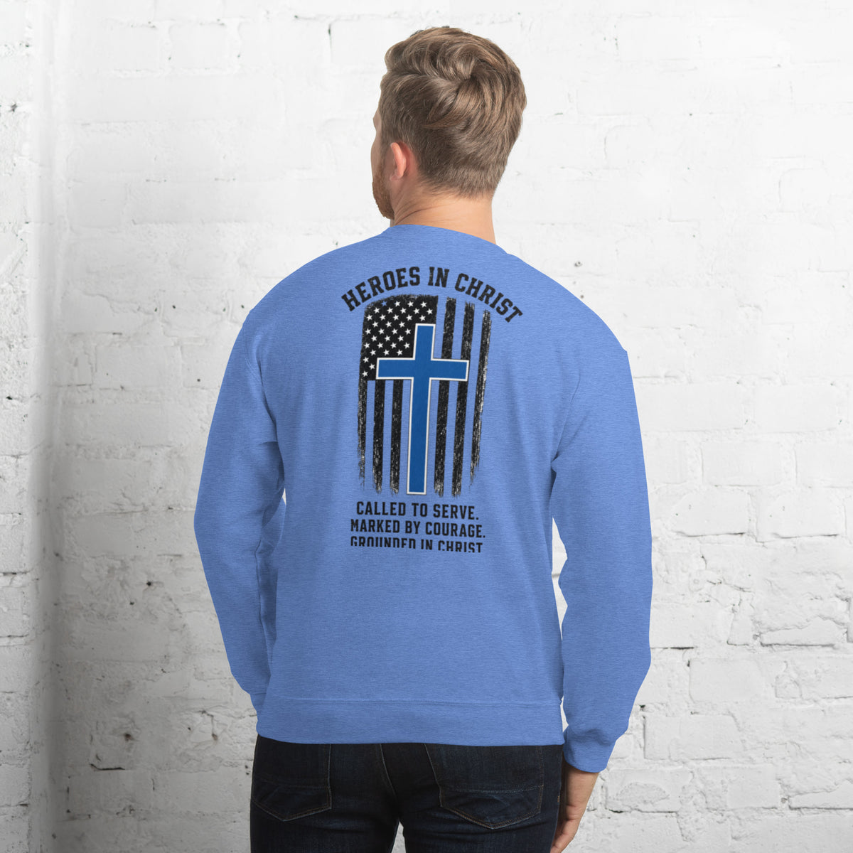 Heroes in Christ Police Sweatshirt - Heather Deep Royal - Back View
