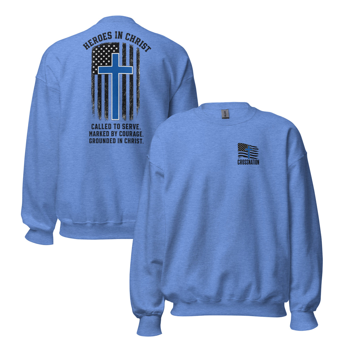 Heroes in Christ Police Sweatshirt - Heather Deep Royal - Front and Back View
