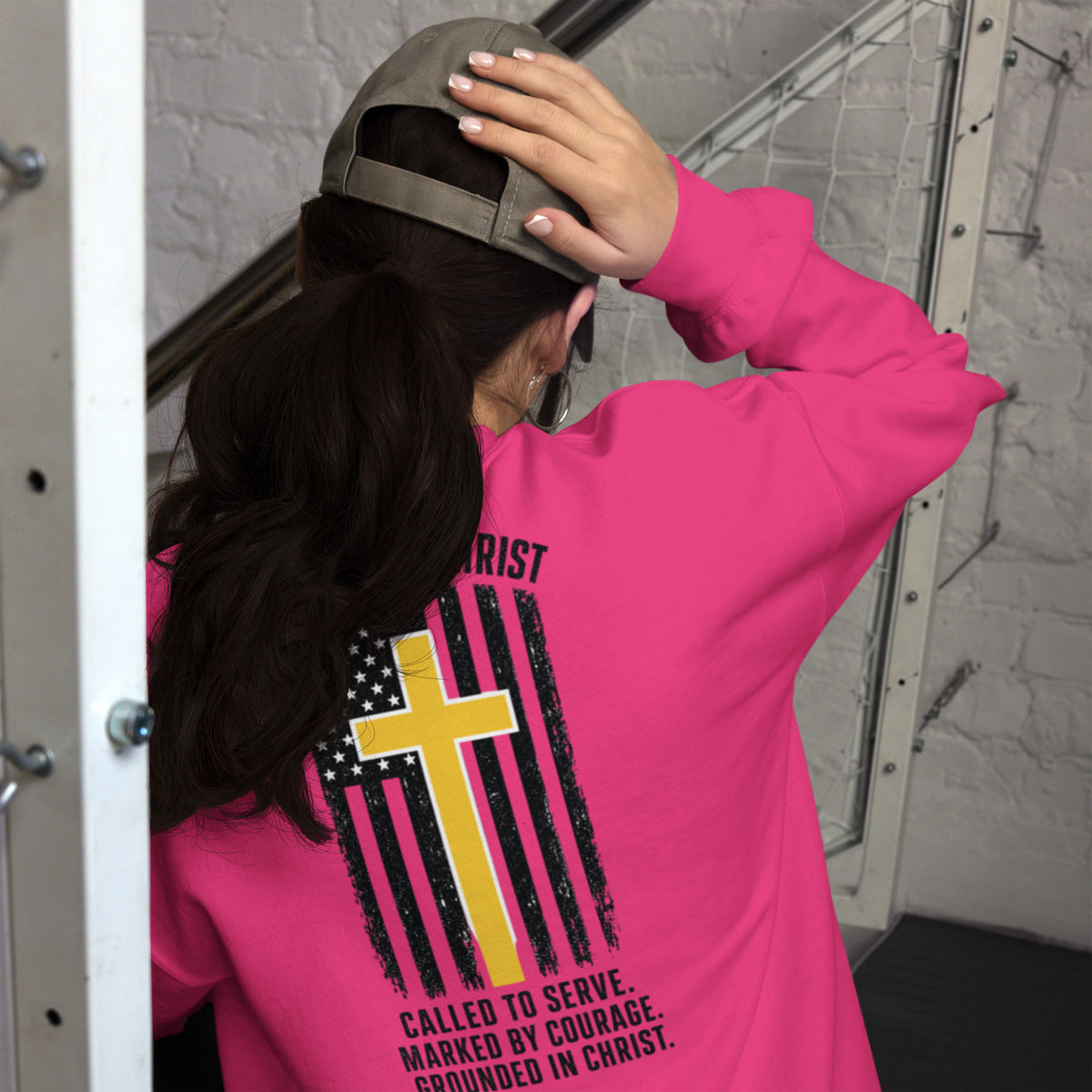 Heroes in Christ Dispatch Sweatshirt - Heliconia - Back View
