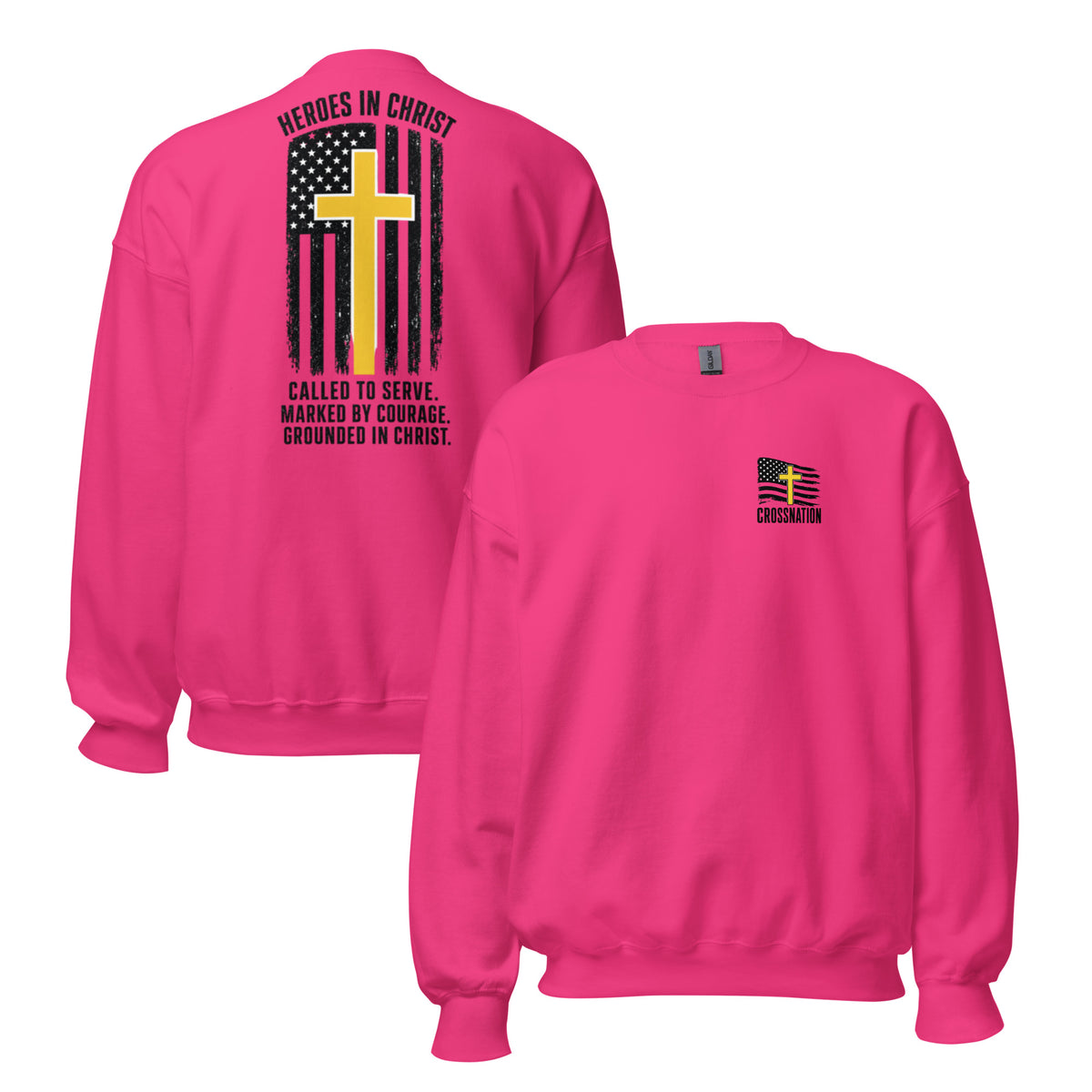 Heroes in Christ Dispatch Sweatshirt - Heliconia - Front and Back View