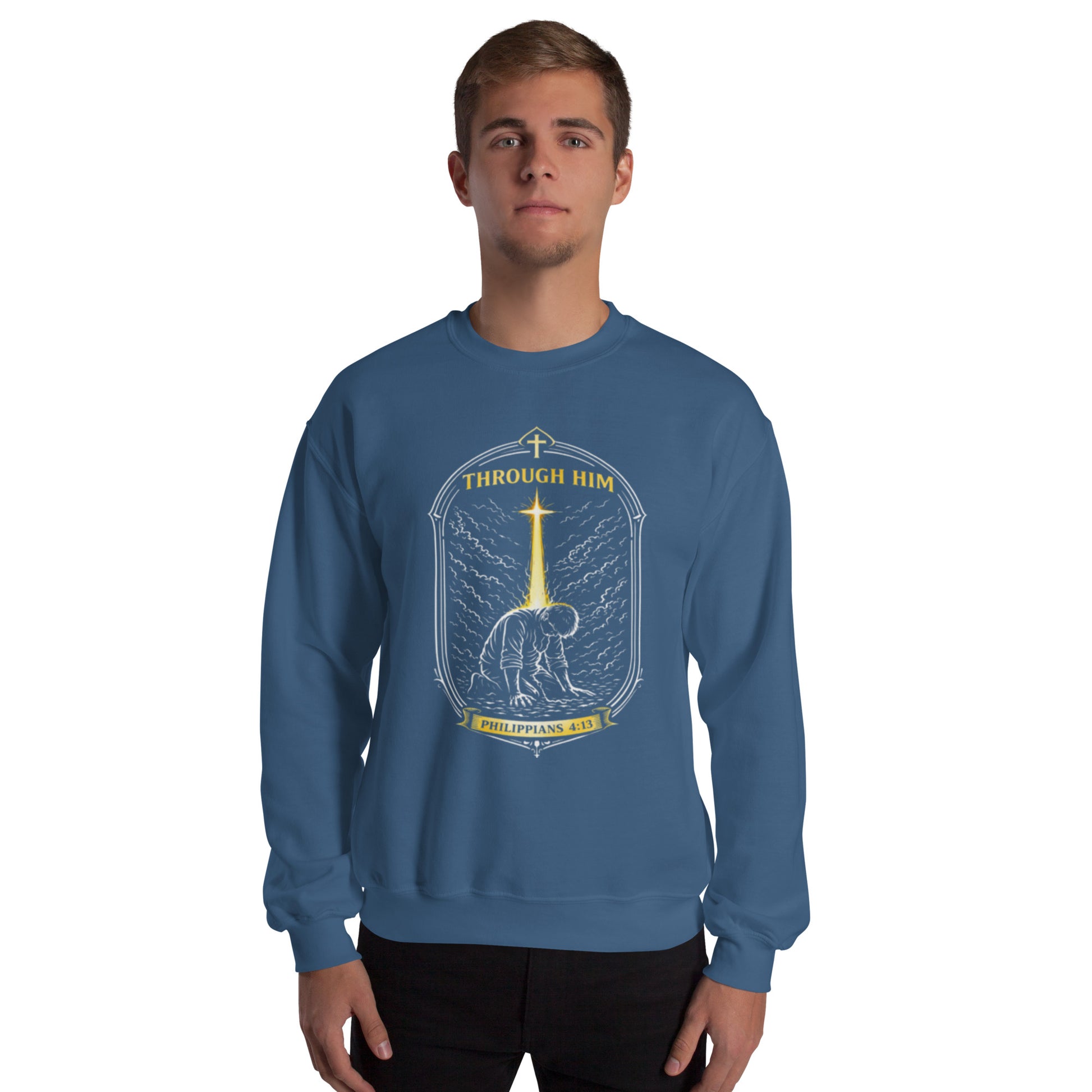 Through Him Men's Sweatshirt - Indigo Blue - Front View