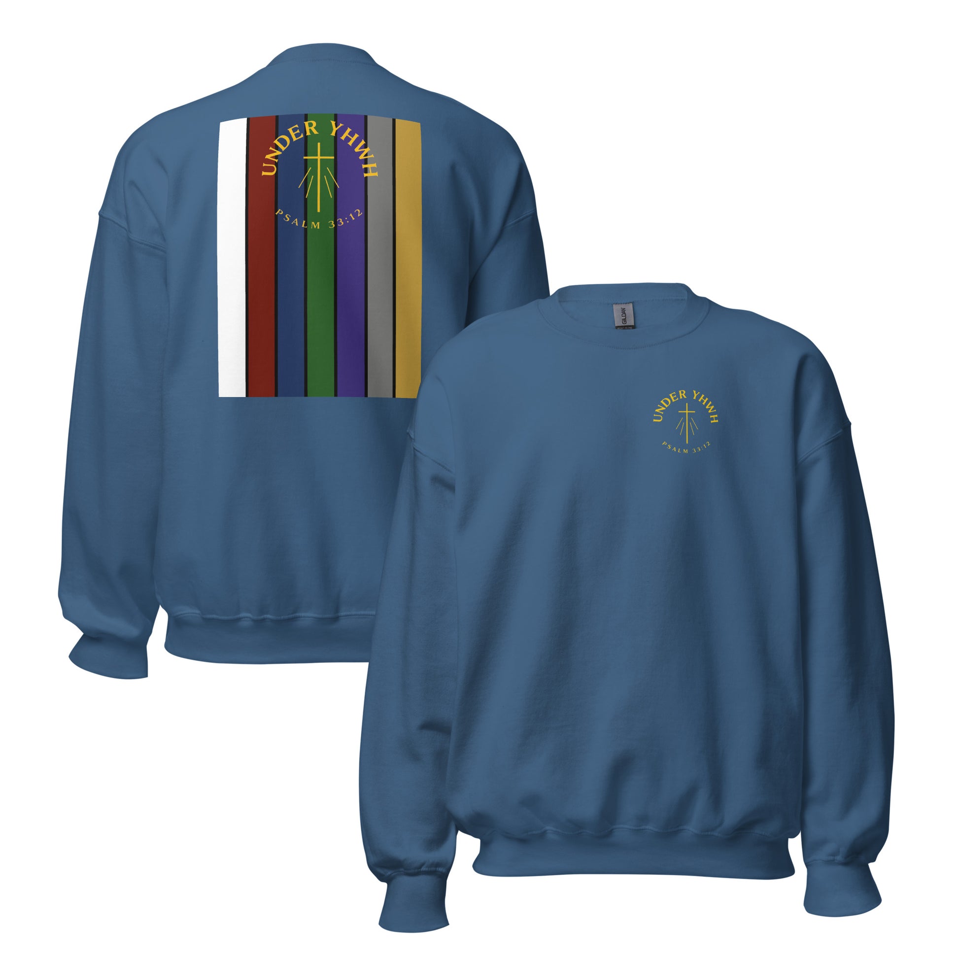 Under YHWH Banner Sweatshirt - Indigo Blue - Front and Back View
