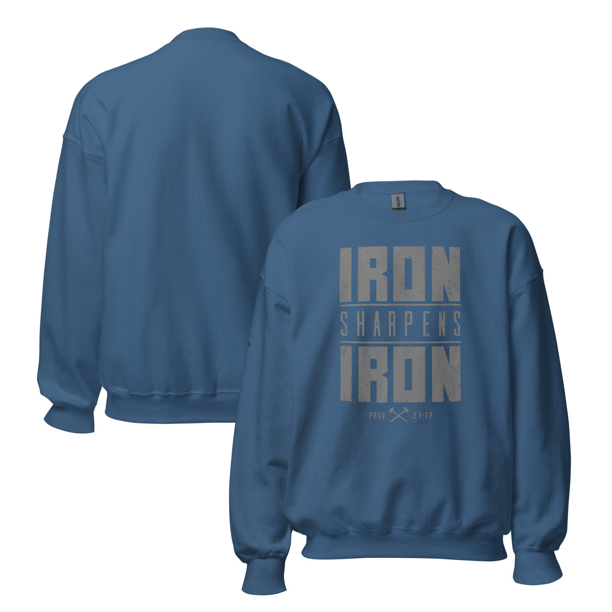 Men's Iron Sharpens Iron Sweatshirt - Indigo Blue - Front and Back View