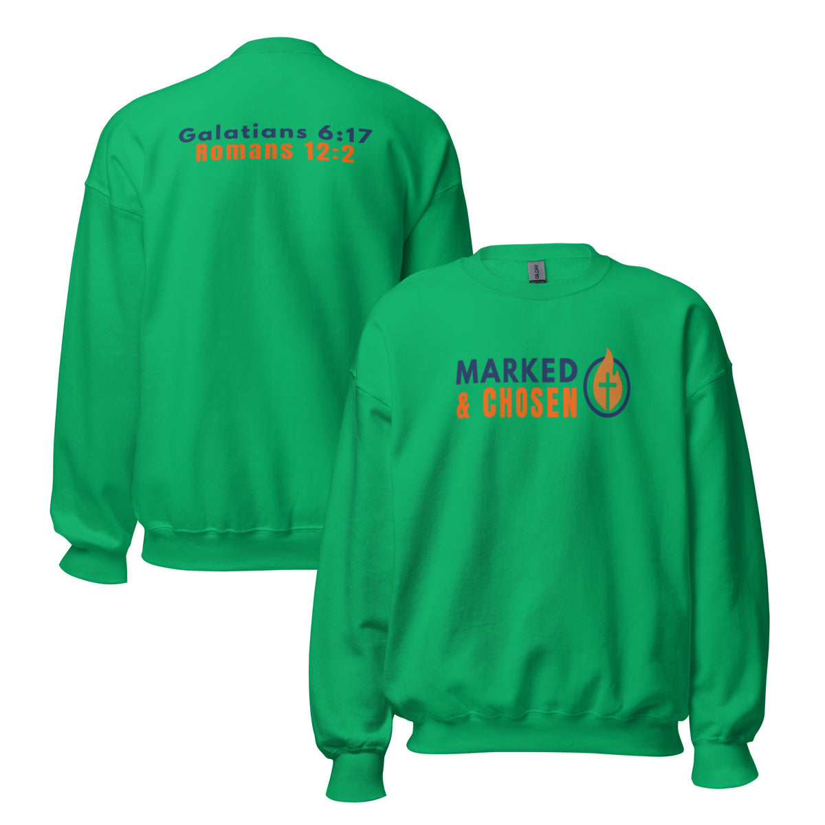Gildan 18000 heavy blend crewneck sweatshirt, 50/50 blend in Irish Green color, featuring a soft interior and double-needle stitching and printed with the Marked & Chosen Logo on the front. On the back Galatians 6:17 and Romans 12:2.
