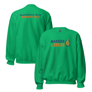 Gildan 18000 heavy blend crewneck sweatshirt, 50/50 blend in Irish Green color, featuring a soft interior and double-needle stitching and printed with the Marked & Chosen Logo on the front. On the back Galatians 6:17 and Romans 12:2.