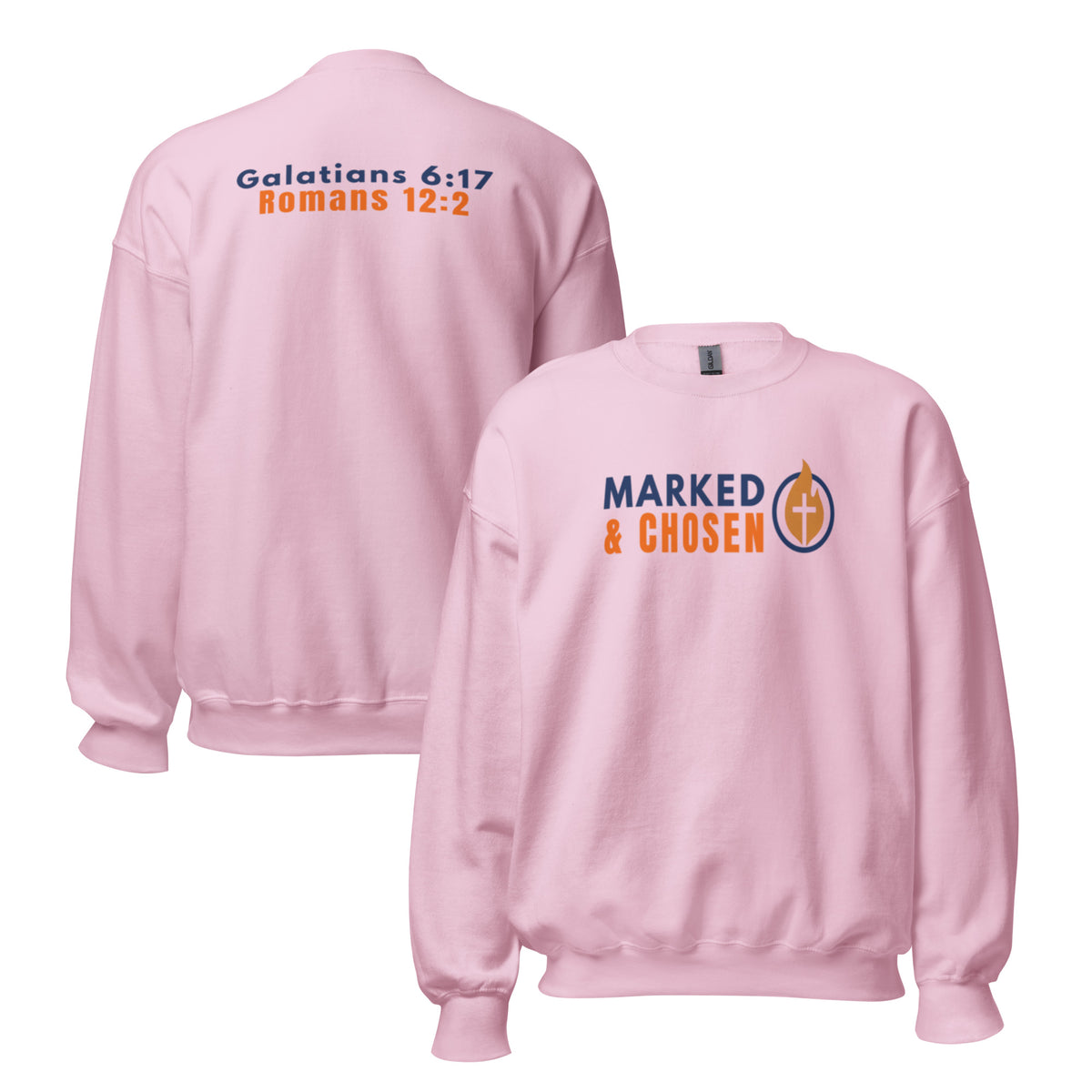 Gildan 18000 heavy blend crewneck sweatshirt, 50/50 blend in Light Pink color, featuring a soft interior and double-needle stitching and printed with the Marked & Chosen Logo on the front. On the back Galatians 6:17 and Romans 12:2.