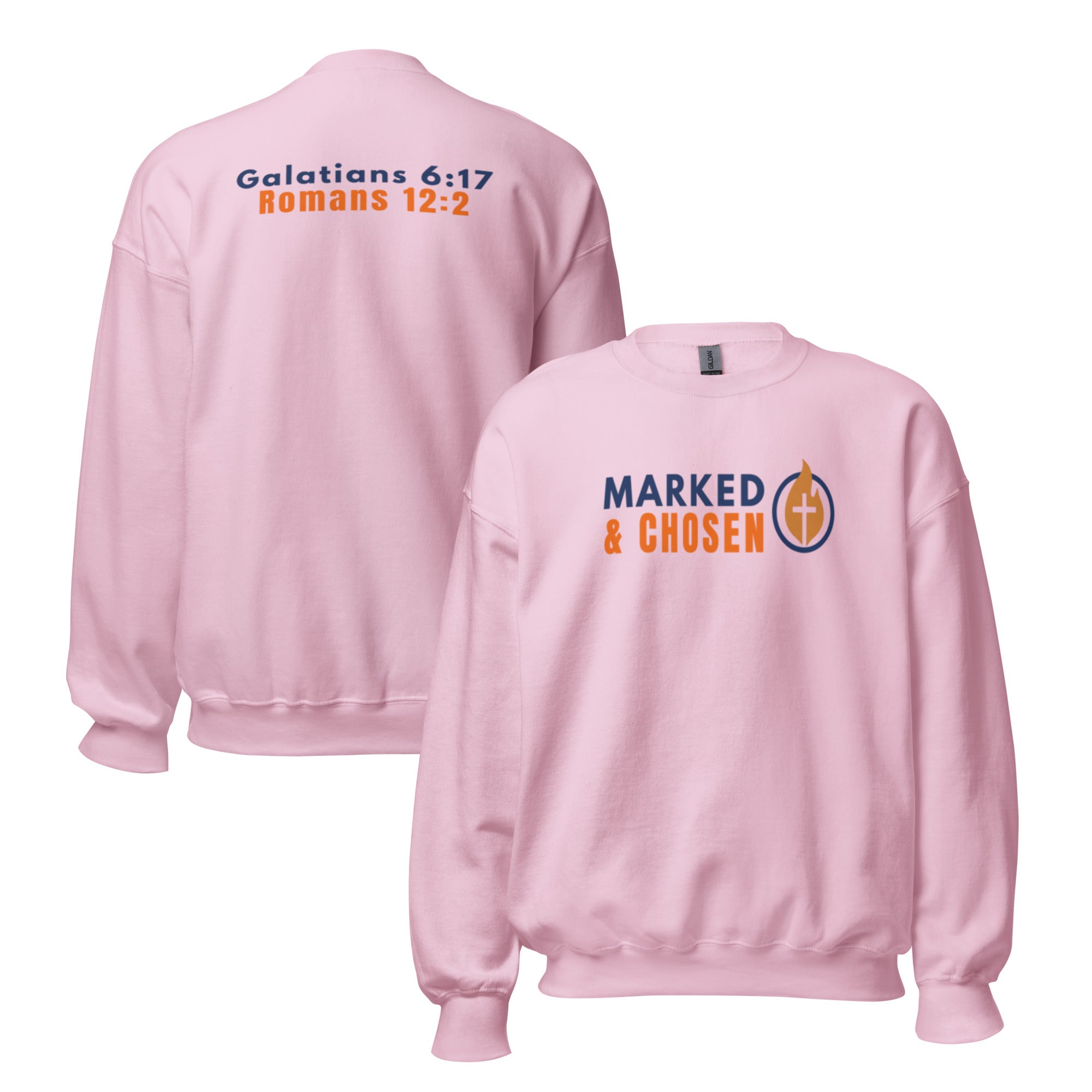 Gildan 18000 heavy blend crewneck sweatshirt, 50/50 blend in Light Pink color, featuring a soft interior and double-needle stitching and printed with the Marked & Chosen Logo on the front. On the back Galatians 6:17 and Romans 12:2.