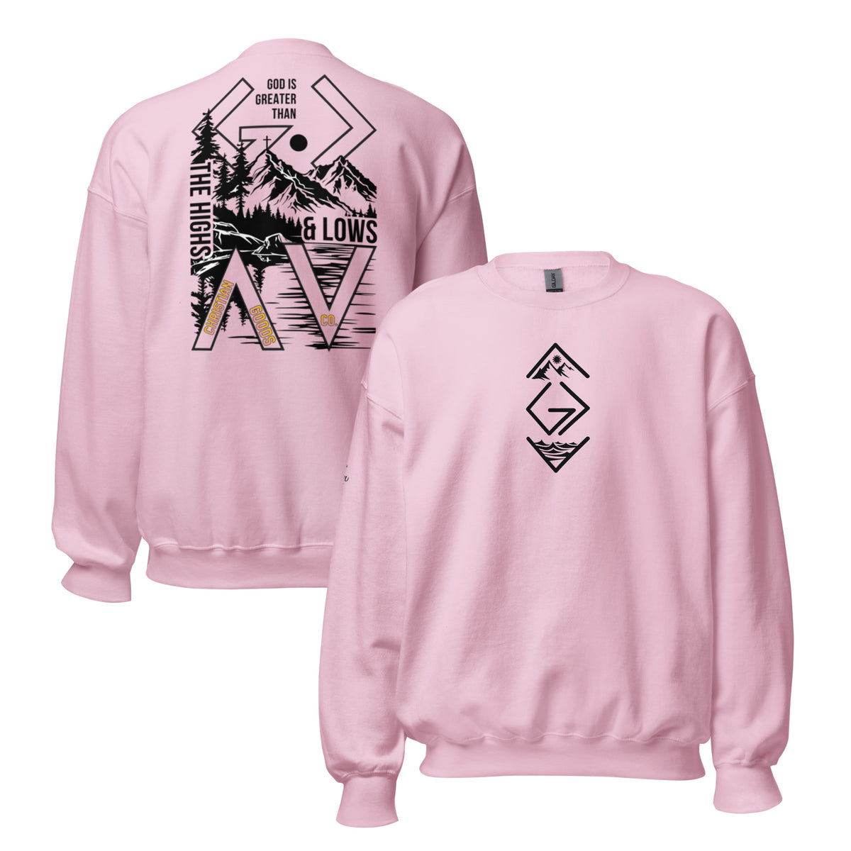God is Greater Than Sweatshirt - Light Pink - Front and Back View