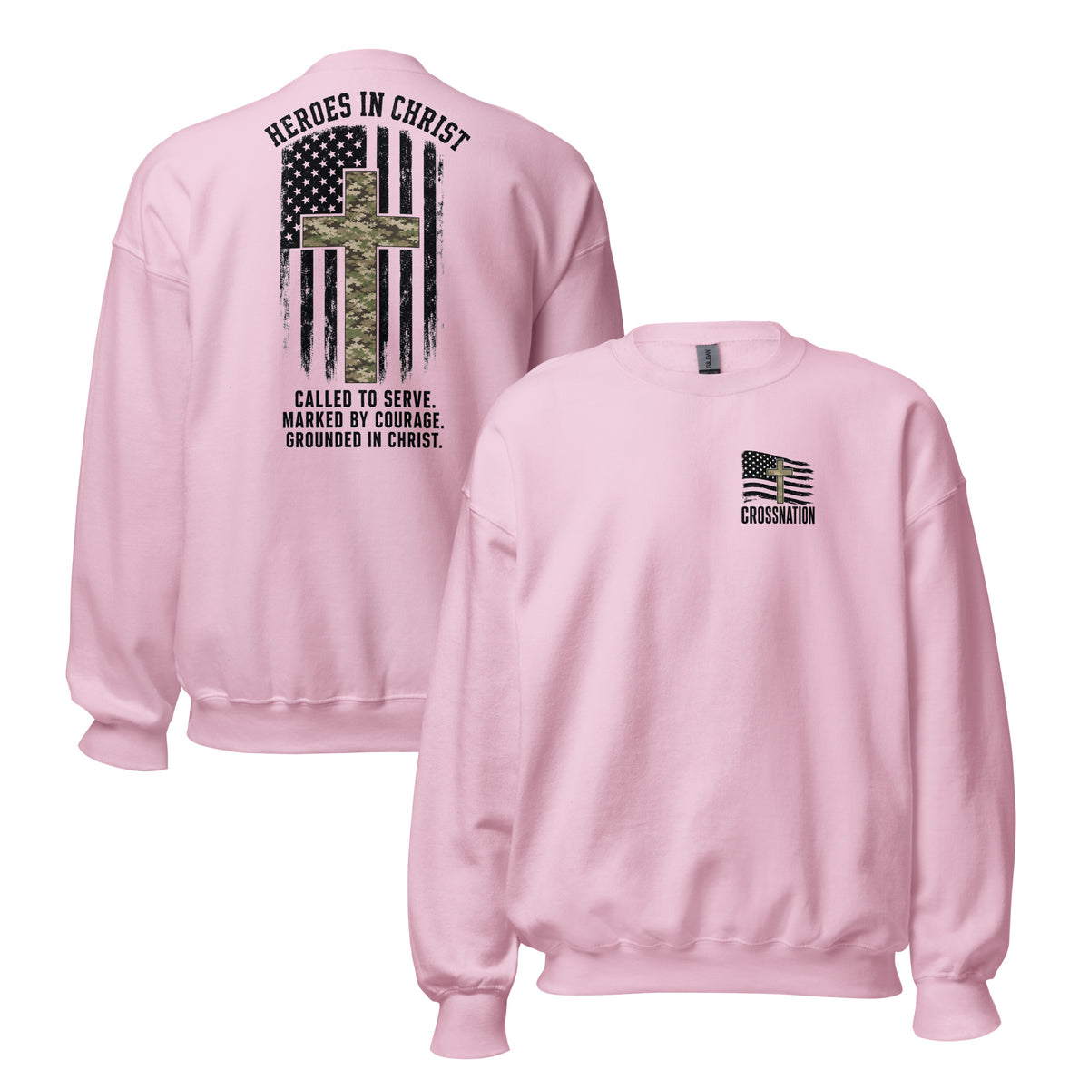 Heroes in Christ Army & Air Force Camo Sweatshirt - Light Pink - Front and Back View