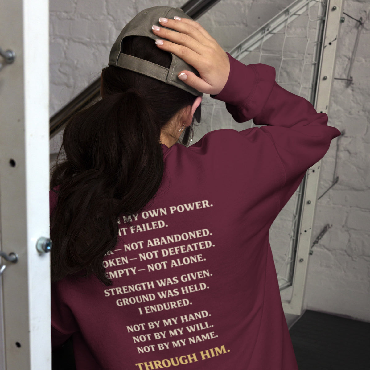 Through Him Women's Sweatshirt - Maroon - Back View