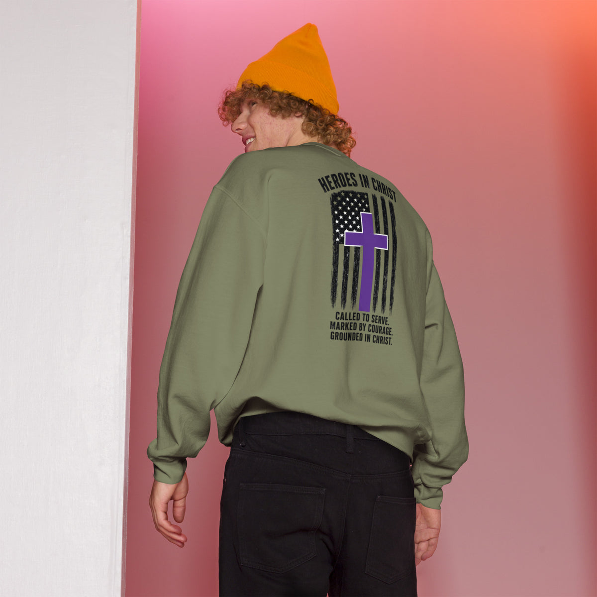 Heroes in Christ Security Sweatshirt - Military Green - Back View