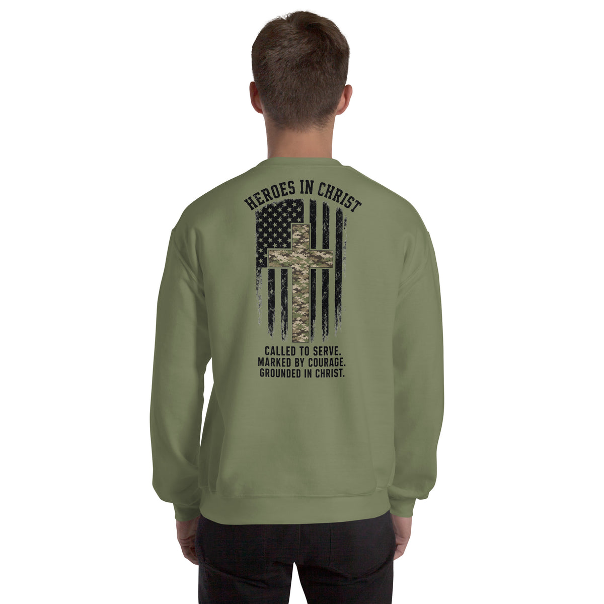 Heroes in Christ Army & Air Force Camo Sweatshirt - Military Green - Back View