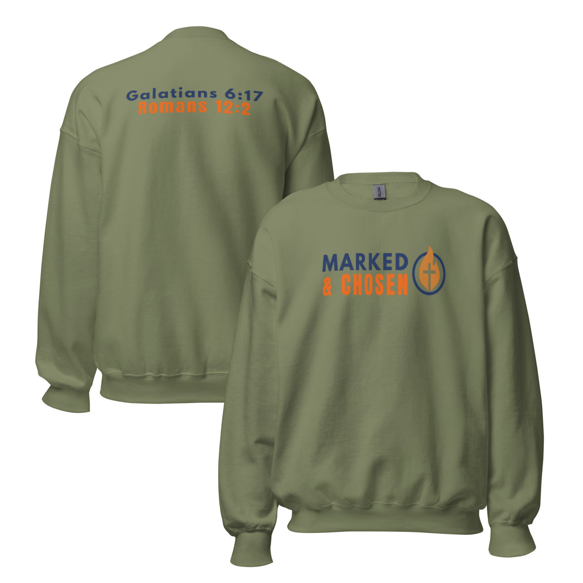 Gildan 18000 heavy blend crewneck sweatshirt, 50/50 blend in Military Green color, featuring a soft interior and double-needle stitching and printed with the Marked & Chosen Logo on the front. On the back Galatians 6:17 and Romans 12:2.