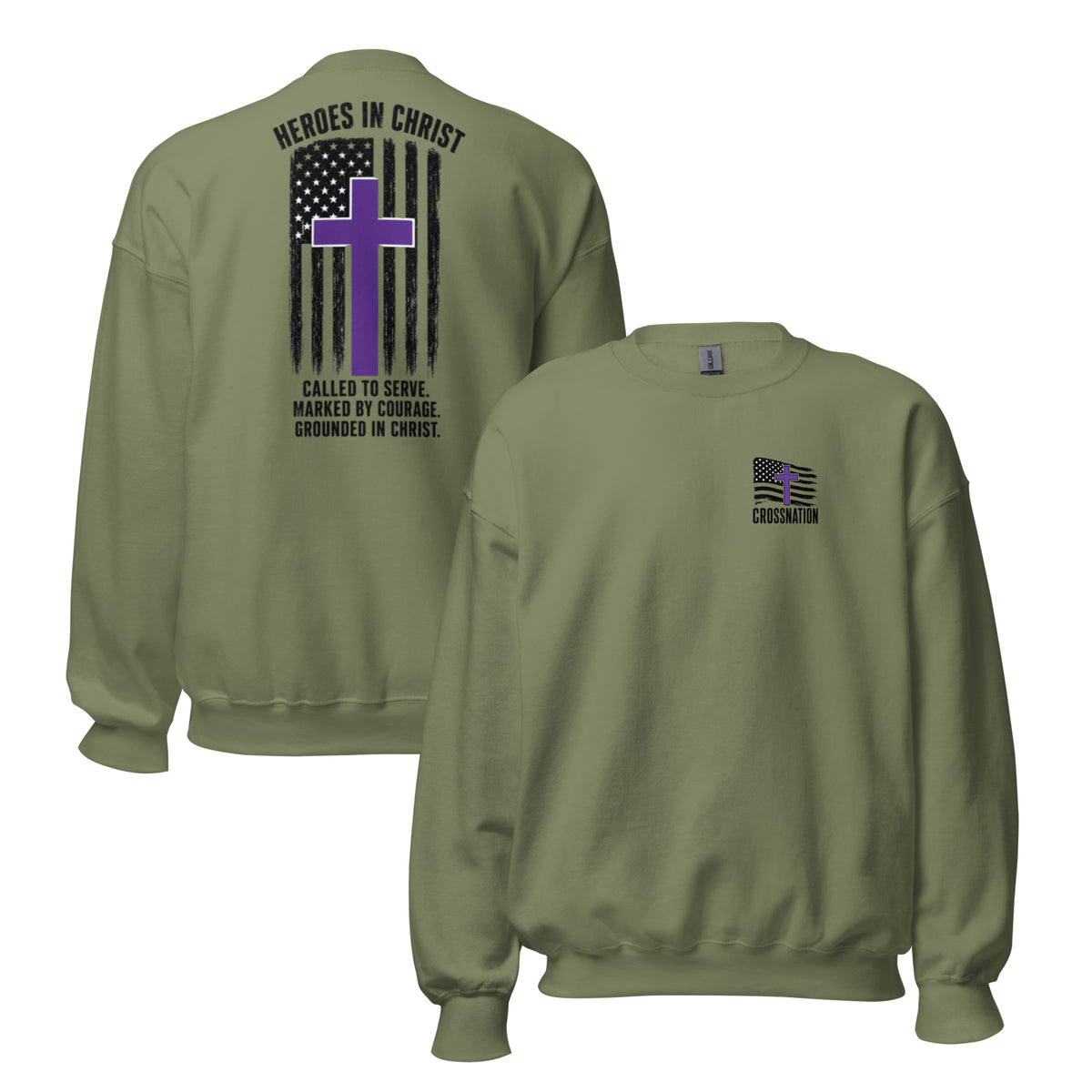 Heroes in Christ Security Sweatshirt - Military Green - Front and Back View