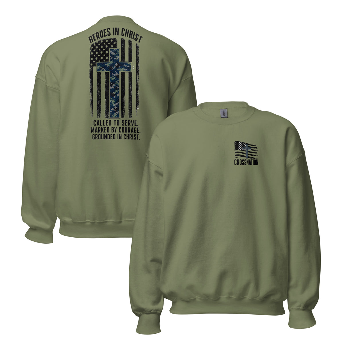 Heroes in Christ Navy Camo Sweatshirt - Military Green - Front and Back View