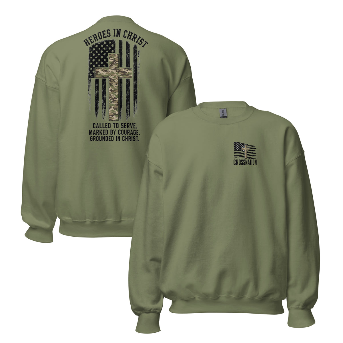 Heroes in Christ Army & Air Force Camo Sweatshirt - Military Green - Front and Back View