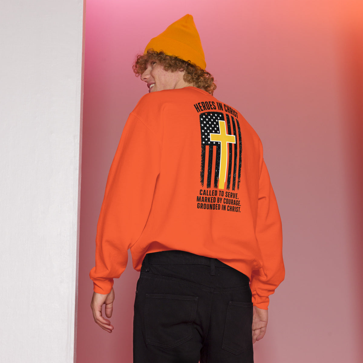 Heroes in Christ Dispatch Sweatshirt - Orange - Back View