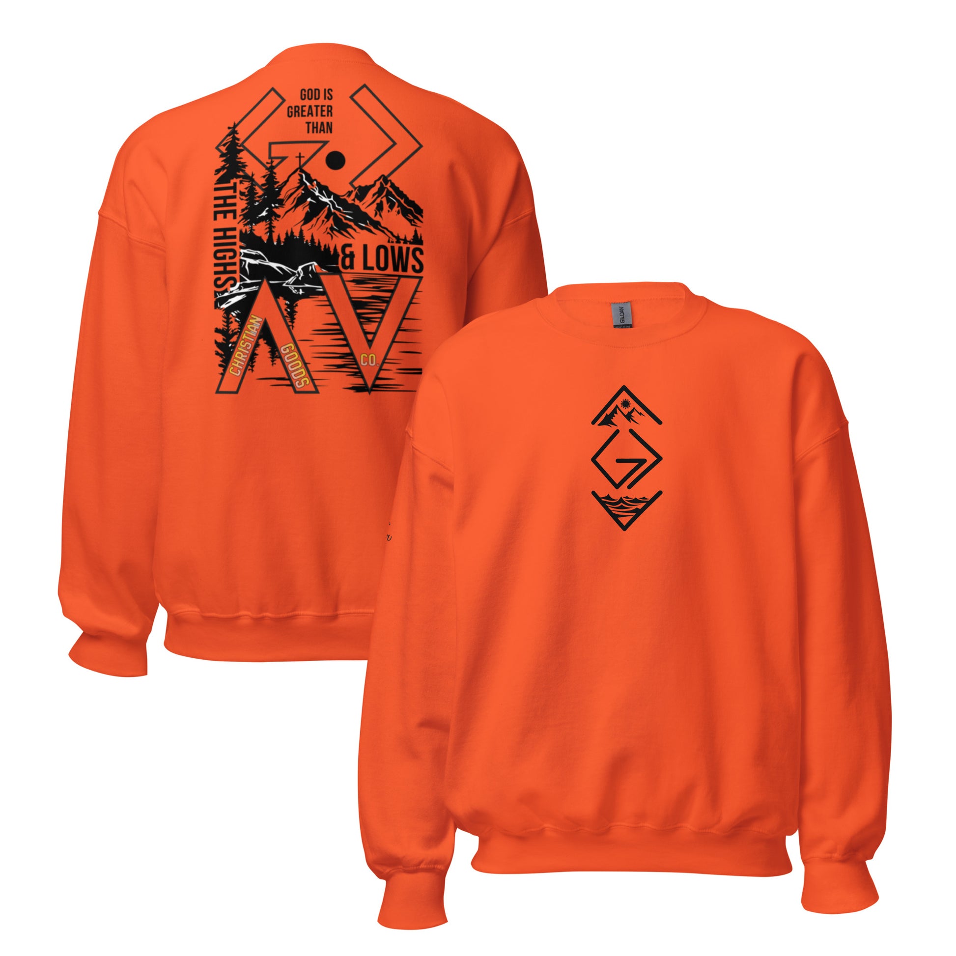 God is Greater Than Sweatshirt - Orange - Front and Back View