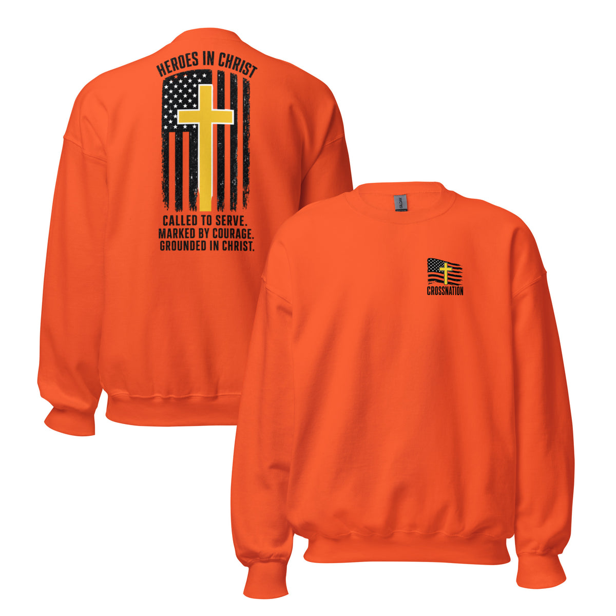 Heroes in Christ Dispatch Sweatshirt - Orange - Front and Back View