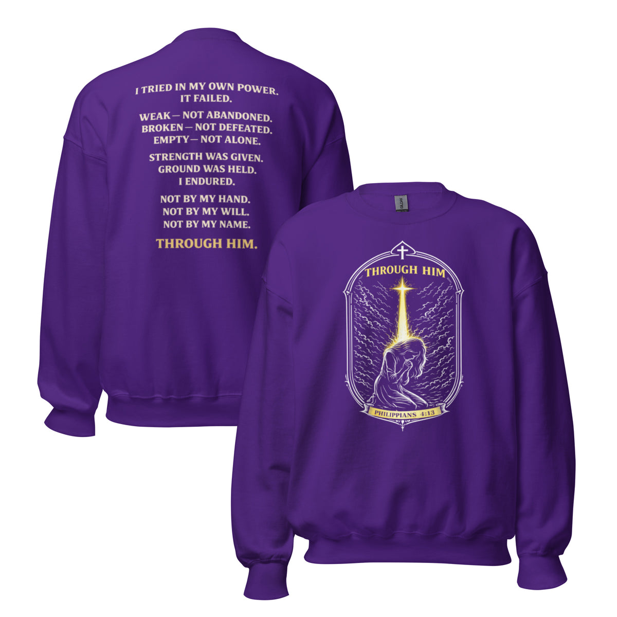 Through Him Women's Sweatshirt - Purple - Front and Back View