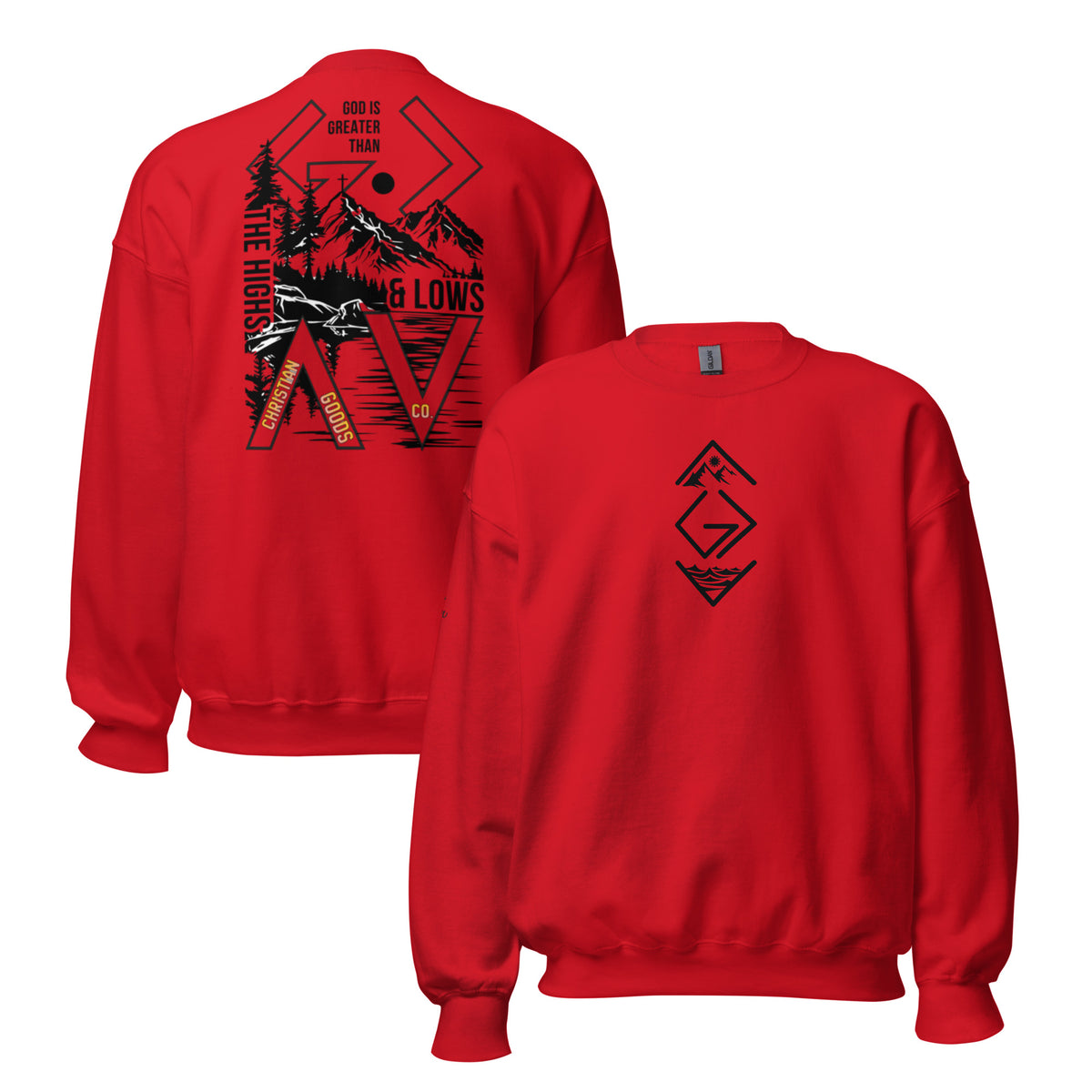 God is Greater Than Sweatshirt - Red - Front and Back View