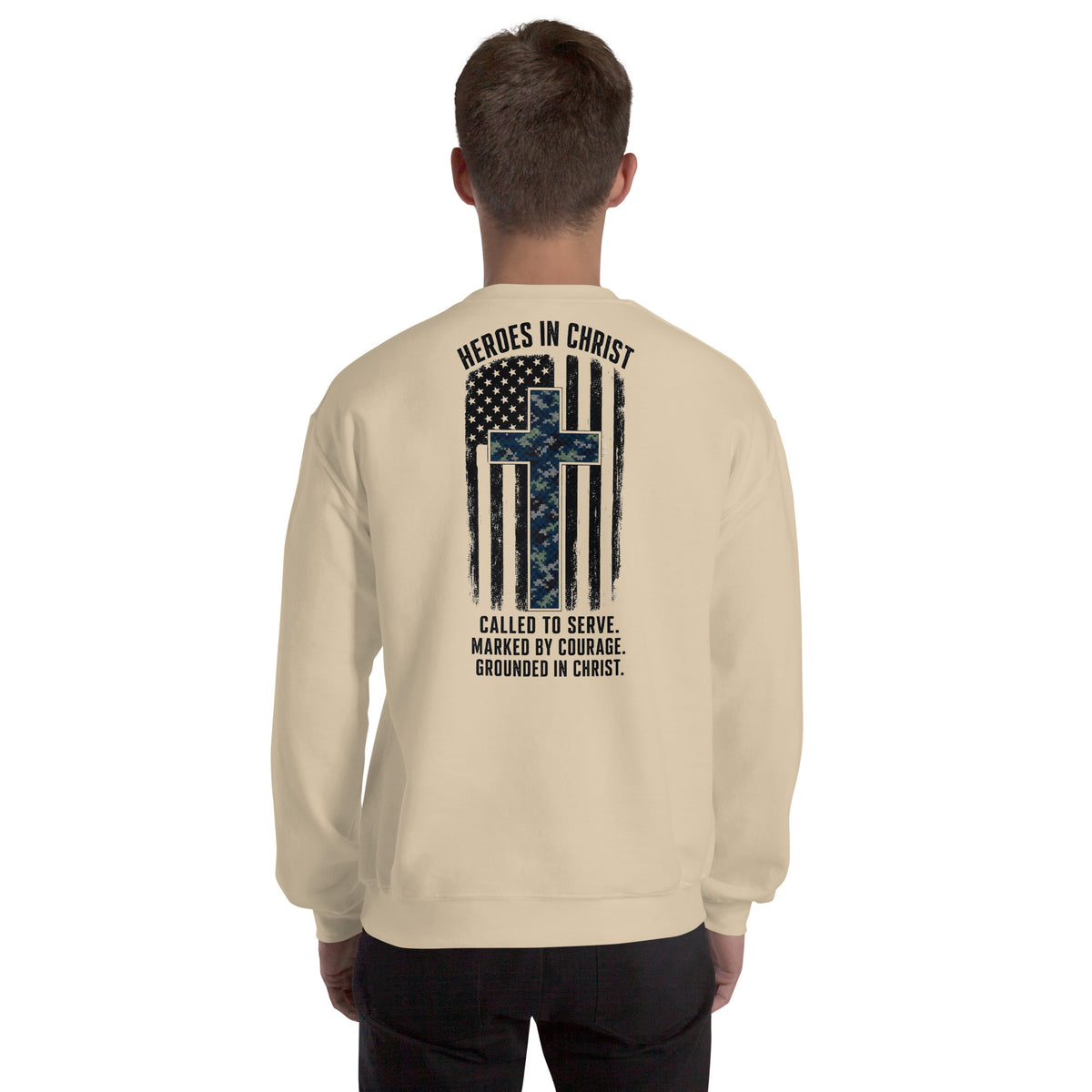 Heroes in Christ Navy Camo Sweatshirt - Sand - Back View