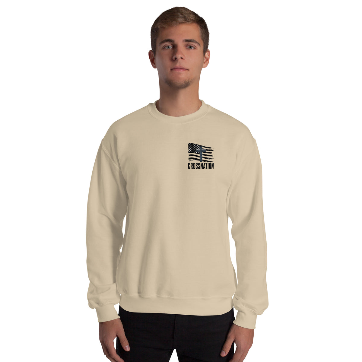 Heroes in Christ Navy Camo Sweatshirt - Sand - Front View
